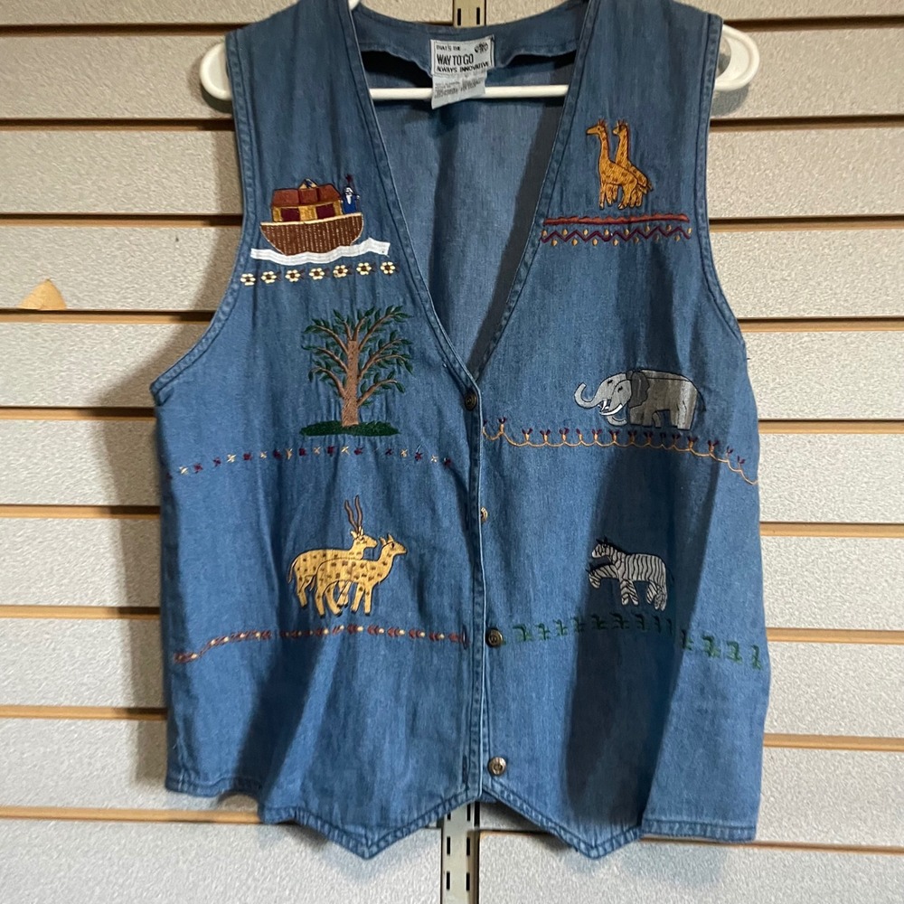 Way To Go Denim Vest Embroidered Animals Noah's Ark‎ Novelty Large